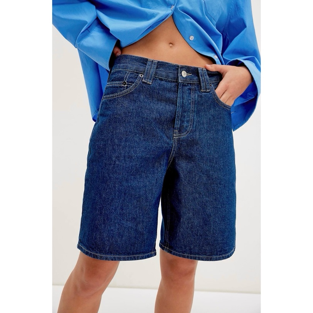 Free People We The Free Montana Denim Bermuda Shorts Dark Rinse Button Fly NWT